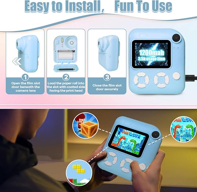 Instant Print Camera for Kids, Christmas Birthday Gifts for Kids Ages 3-12, 16X Zoom,1080P Vedio Selfie Digital Camera,Toddler Portable Toy for Girls and Boys with 32GB TF Card (Blue)