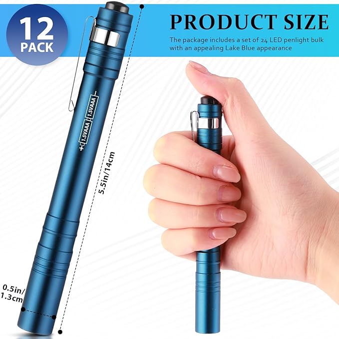 12 Pack LED Penlight Bulk, Pocket Flashlight with Clip, Aluminum Pen Flashlights Mini Pen Light for Nurses Hospital Outdoor Camping Emergency Hiking(Lake Blue)