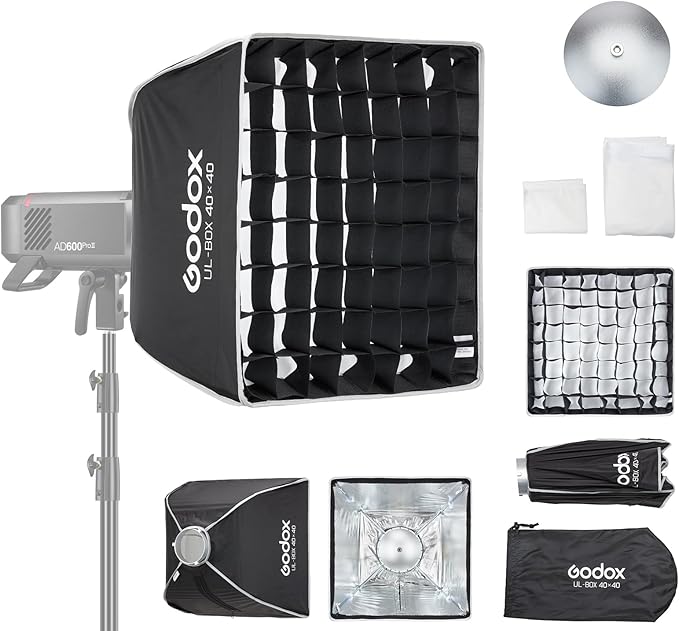 Godox Mini Softbox 40cm*40cm/ 15.7in*15.7in with Grid Diffuser Fast-Setup Bowens Mount Softbox Compact Small Photography Lighting Softbox for Continuous Light Monolight Strobe Flash