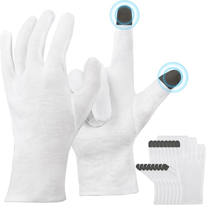 ENPOINT Extra Large Touch Screen Gloves, 5 Pairs White Cotton Gloves for Art Handling, Coin Handling, Jewelry, Photography, for Dry Hands Sleeping, with Pack of 20 Touch Screen Stickers