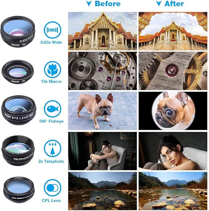 Apexel Phone Camera Lens-Macro Lens+Wide Lens+Fisheye Lens+Telephoto Lens+CPL/Flow/Radial/Star Filter+Kaleidoscope 3/6 Lens 10 in 1 Lens Kit +Remote Shutter for iPhone, Samsung,LG and Most Smartphones