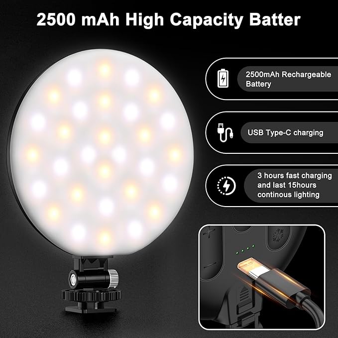 Hagibis LED Video Light,2500mAh Rechargeable Camera Light, CRI97+ Dimmable Ring Light with Cold Shoe Mount, Portable Photography Lighting for Camera Phone Photography, Vlog Filming&TikTok Live (Black)