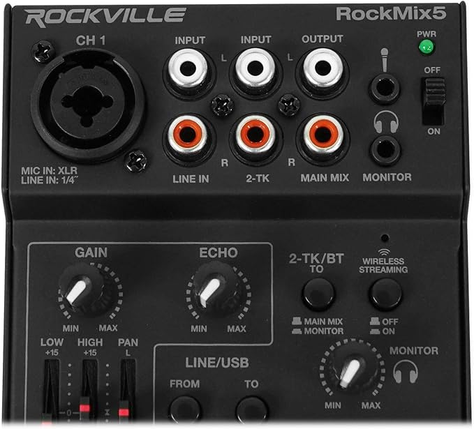 Rockville RockMix 5 Channel Pro Mixer w/USB Interface, Bluetooth, Echo, 2-Band EQ, Compact Design, Portable, for Podcasting and Live Music
