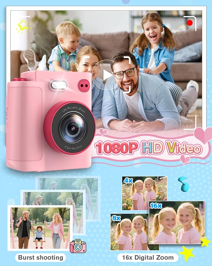 MYSTILUCK Kids Camera Toys for 3 4 5 6 7 8 9 10 Year Old Girls Boys, Christmas Birthday Gift with 1080P HD Digital Camera, 32GB SD Card, Selfie Mode, Fun Filters, Portable Travel Toy - Pink