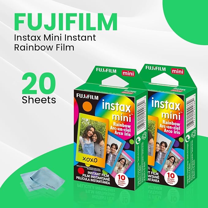 Fujifilm Instax Mini Instant Rainbow Film, 20 Sheets + BluebirdSales Microfiber Cleaning Cloth