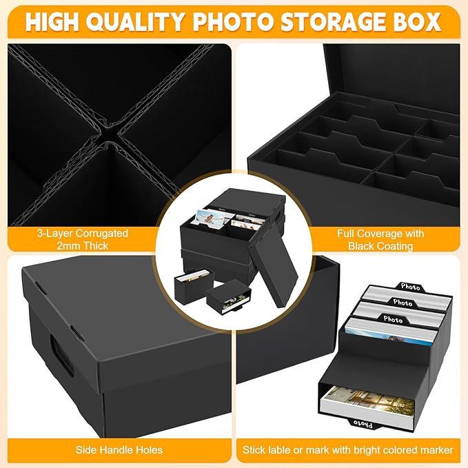 ATPWONZ 4 PCS Photo Storage Box for 5"x7" Photos, with 32 Inner Picture Boxes, 15“ x 10.3“ x 6.1“ Photo Organizer Box, Portable Scrapbook Photo Boxes with Lid, for Photo Stickers Stamps Seeds(Black)