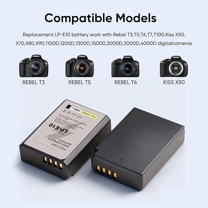 2Pcs LP-E10 Battery, 1800mAh Battery for Canon EOS Rebel T3 T5 T6 T7, Kiss X50 X70 T100, EOS 1100D 1200D 1300D 1500D 2000D 3000D 4000D Digital Cameras
