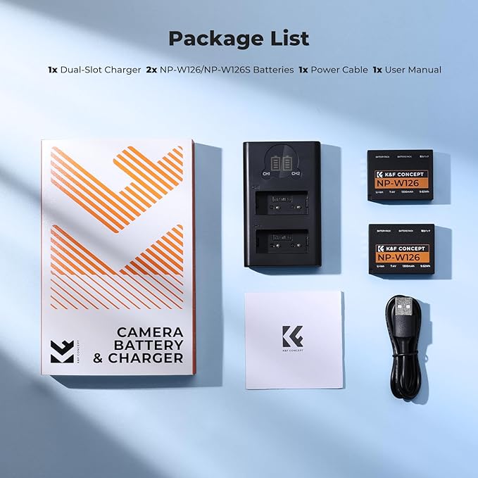 K&F Concept 1300mAh NP-W126 NP-W126S Battery and Charger for Fujifilm XM5, X100VI, X100V, XS10, XT30, XT30 II, XT20, XE4, A5, Dual-Slot Fast Charger, Type-C and Micro-USB Input, 2 Pack Battery
