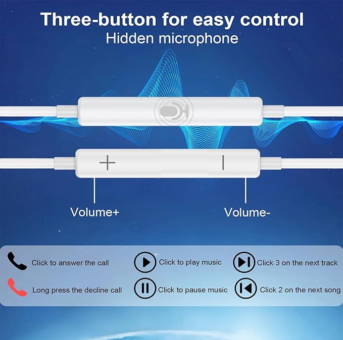 2 Packs USB C Headphones，Type C for iPhone Wired Headphones for iPhone 16/15/17 Earbuds with Mic and Volume Control，Hi-Fi Stereo In Ear Earphones for Galaxy S24/S23~S20/Note 10/20 (Black+Blue)