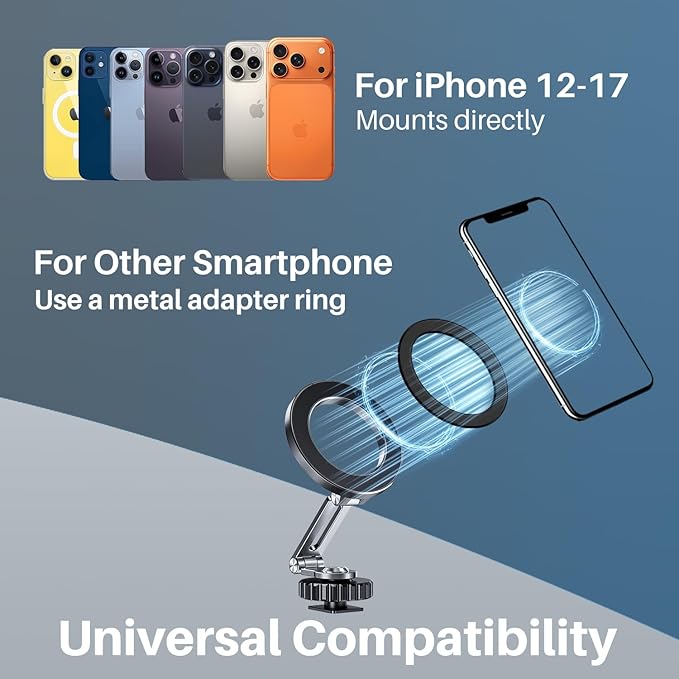 Magnetic Metal Phone Mount with Cold Shoe & 1/4-20 Thread, 360° Rotatable Aluminum Phone Tripod Camera Holder Adapter for Content Creators, Compatible with Magsafe iPhone 17-12 Series