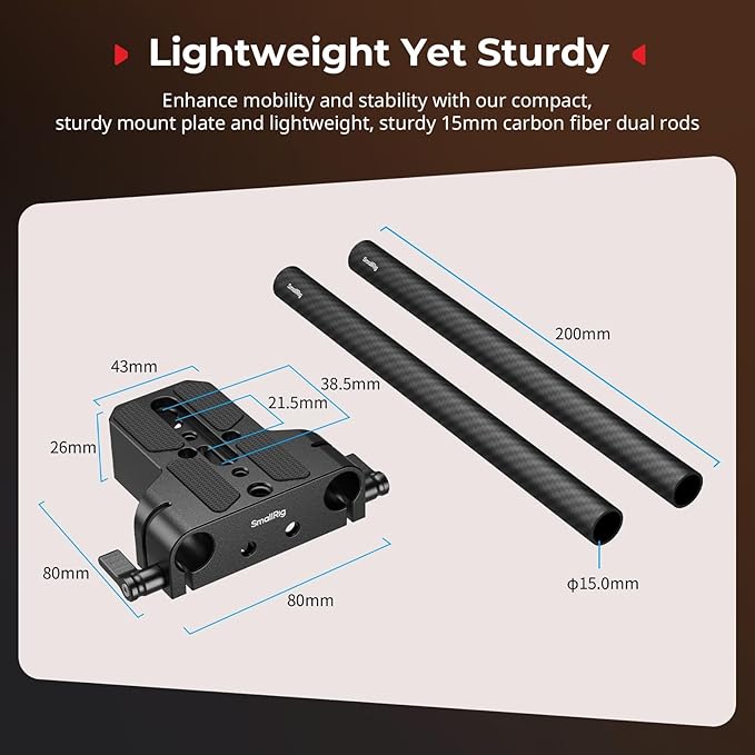 SMALLRIG Camera Base Plate Kit with 15mm LWS Rod Rail Clamp, Carbon Fiber 15mm Rods (8'' / 20cm), for Sony A6500 A6600 A6300, for Canon R5 R6, for Sony A7SIII / A7III, Both for Cameras & Cages - 5609