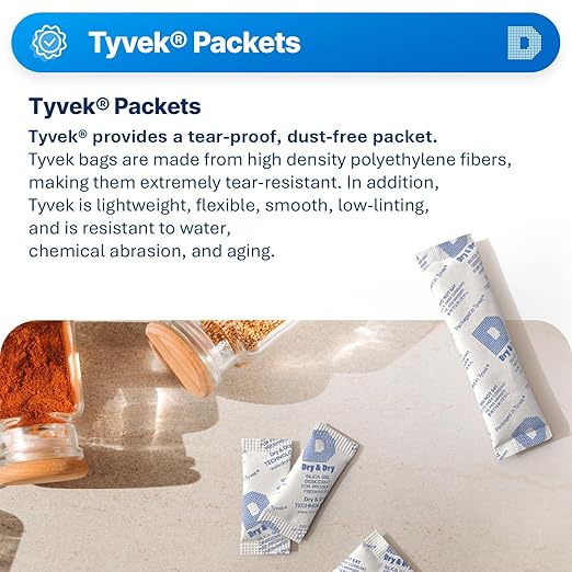 Dry & Dry 0.5 Gram[50 Packets] Food & Pharmaceutical Safe Silica Gel Packs Desiccants - Rechargeable Tyvek® Silica Gel Packets, Moisture Absorbers, Desiccants Packets, Silica Gel