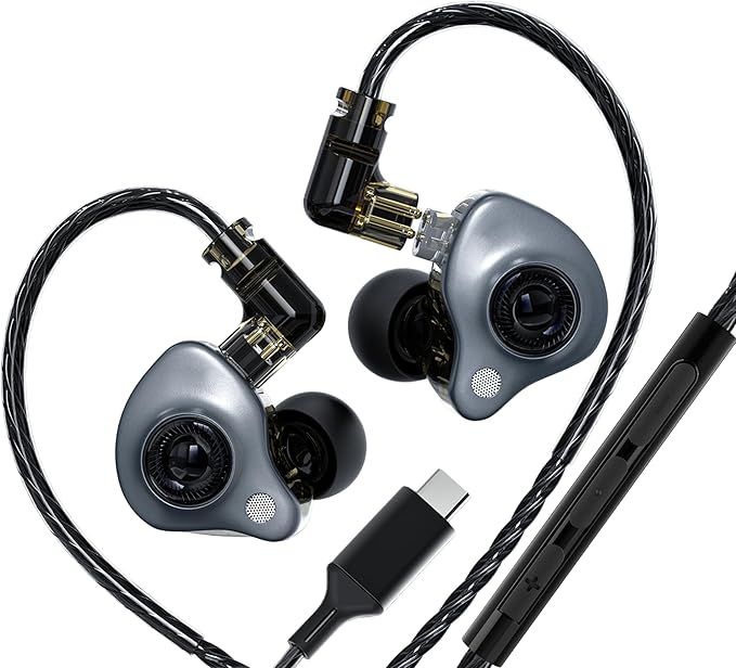 in Ear Monitor Headphones with Mic, 10mm Dynamic Driver HiFi IEM Earphones, Crystal Clear Sound IEM Earbuds with Detachable 4N OFC Cable, USB C Wired Gaming Earbuds