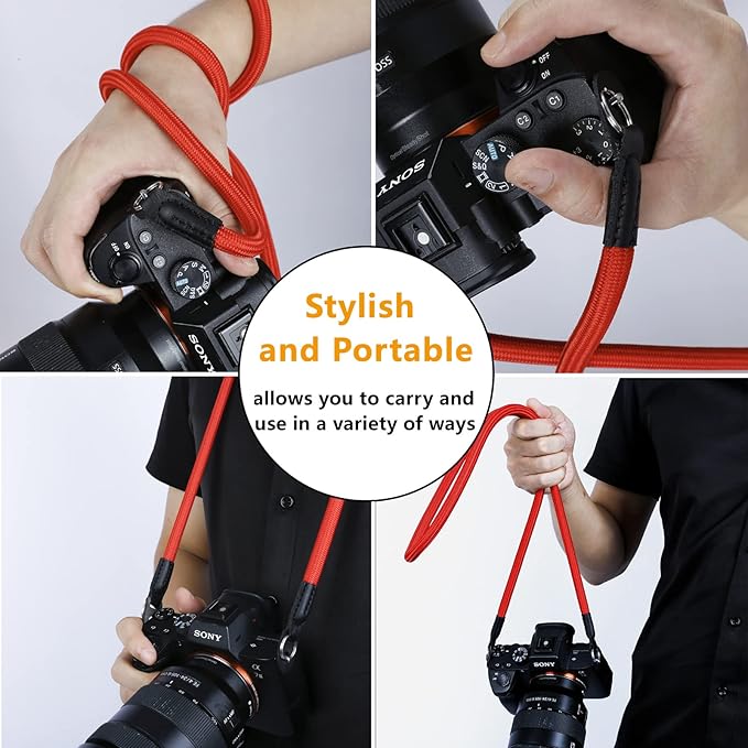 Camera Shoulder Strap Climbing Rope Camera Neck Strap for Mirrorless and DSLR Cameras, with Lens Cap Keeper (Red)