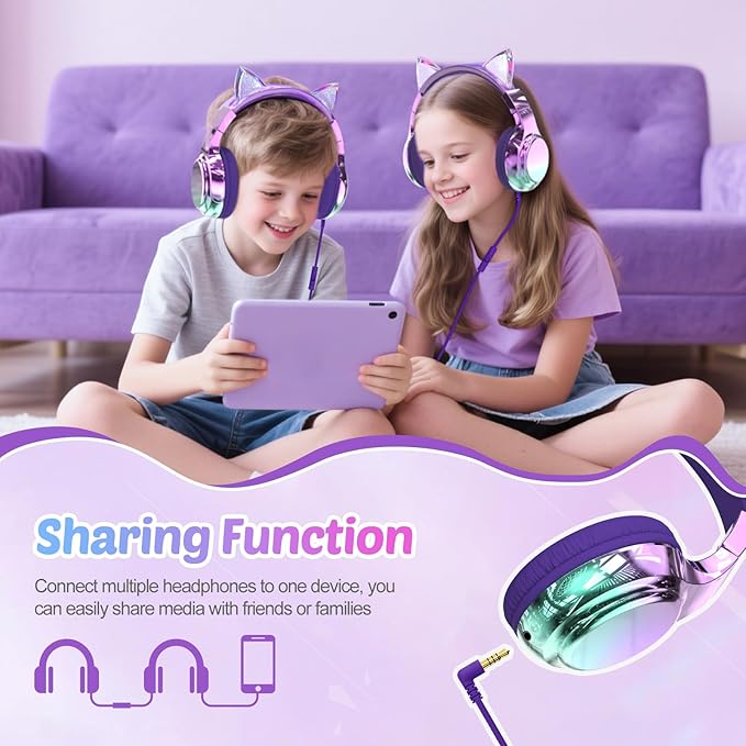 QearFun Kids Cat Ear Headphones with USB C for Girls with Microphone, 85/94dB Safe Volume Limiter, Tangle-Free Cord, Share Port, Foldable Sparkly Wired Headset for School, Travel, Tablet, iPad
