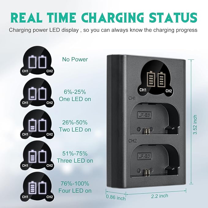 Kimaru LP-E6 Battery Charger, Double Slot LC-E6 Charger for Canon EOS R5, R6, R6 Mark II, R7, 90D, 80D, 70D, 60D, 5D 6D 7D Mark II Cameras.