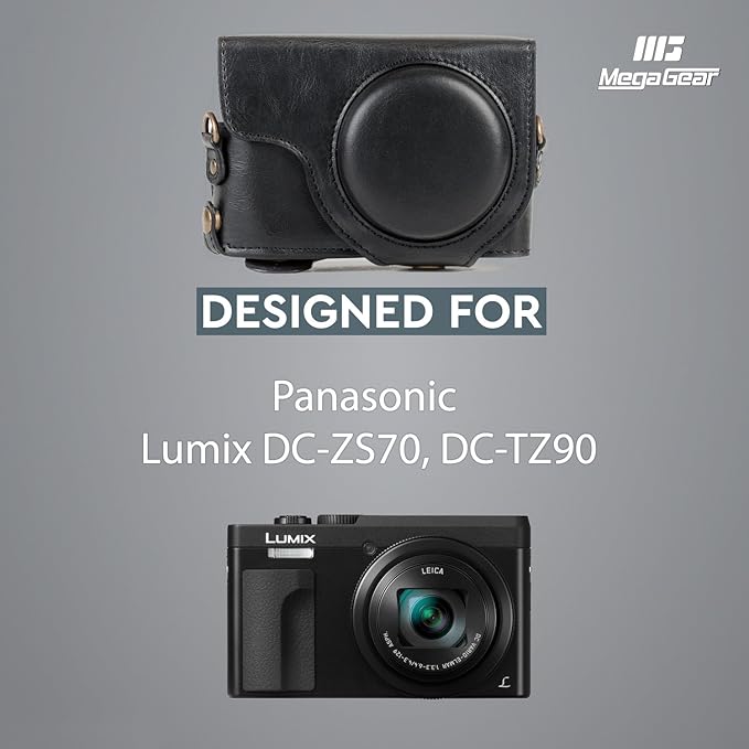 MegaGear MG1258 Ever Ready Leather Camera Case compatible with Panasonic Lumix DC-ZS80, DC-ZS70, DC-TZ95, DC-TZ90 - Black