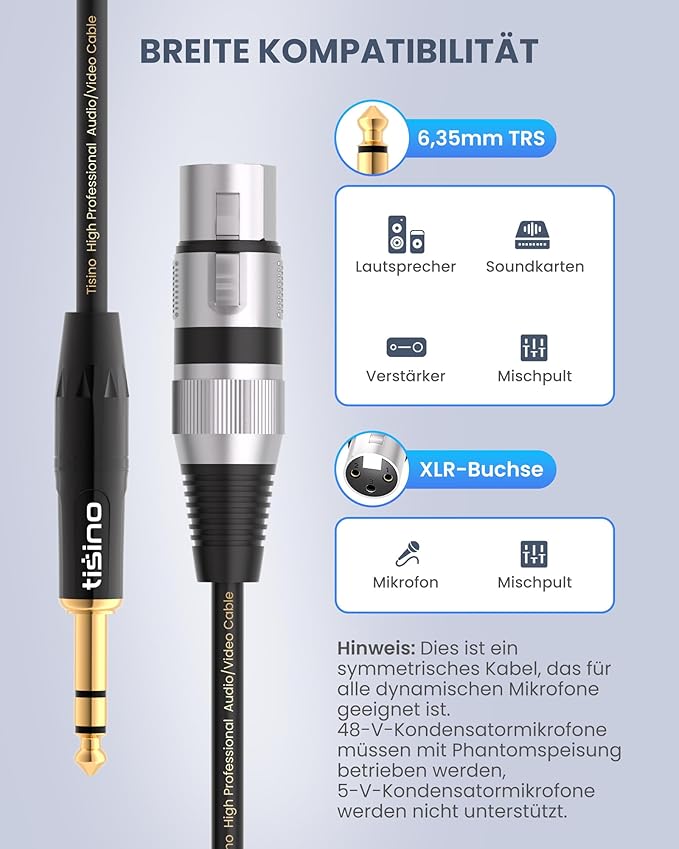 tisino XLR Female to 1/4 Inch (6.35mm) TRS Jack Lead Balanced Signal Interconnect Cable XLR to Quarter inch Patch Cable - 3.3 Feet