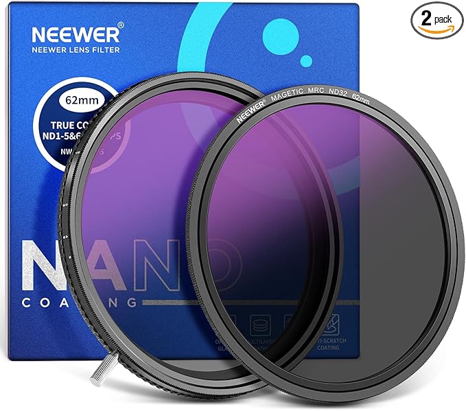 Neewer HD True Colors 62mm Variable ND Filter ND2-512 (1-9 Stops), VND Filter & Magnetic ND32 Lens Filter, Multi Coated Neutral Density Filter, No Color Shift/No X Cross/No Vignetting