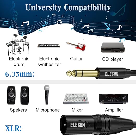 Elecan 6.35mm (1/4 Inch) TRS Male to XLR Male Cable 15 Ft, Balanced Professional Shielded Stereo Microphone Cable Cord, Gold Plated for Mixer AMP Speaker Amplifier with 6.35 to 3.5mm Adapter+Ties