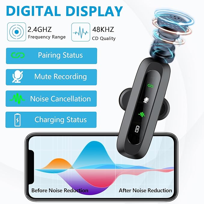 3 in 1 Mini Microphone for iPhone, Android, Camera, LED Display Wireless Lavalier Microphone for Video Recording, Clip on Lapel Lav Mics with Noise Reduction for Interview Vlog YouTube TikTok