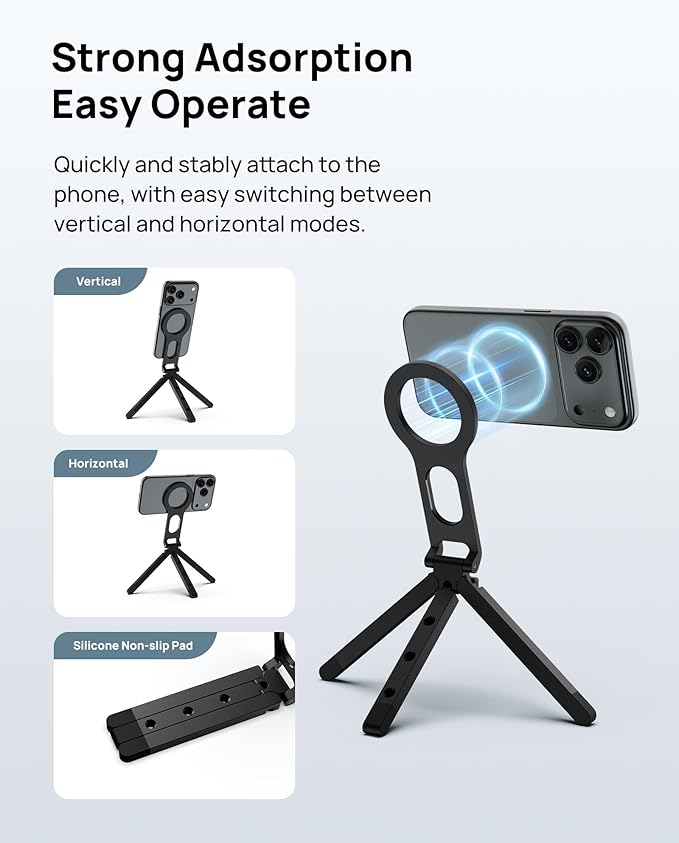 SODI Magnetic Phone Tripod Stand for iPhone - Strong Magnet Foldable Cell Phone Stand for Vlog, Gym, Travel Essentials, Mini Tripod Phone Stand Compatible with iPhone 17 16 15 14 13 12 Series (Black)