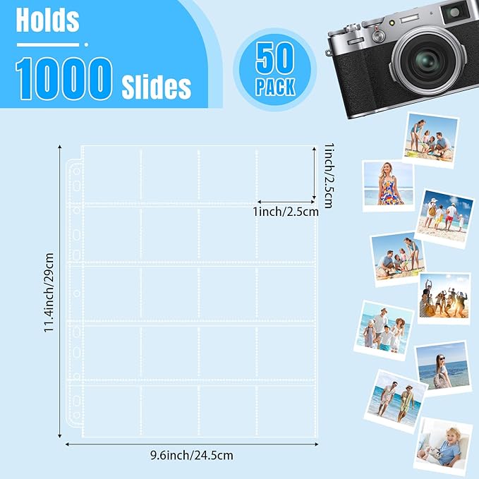 Aemygo 50 Pack Protective Photo Slide Pages Holds 20 35mm Slides, Top Loading Page Sleeves for 3 Ring Binder, Slide Flips Organizer Sheet Holds 1000, Clear Archival Slide Storage Album Preservers