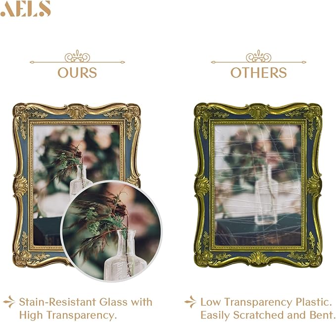 AELS 5x7/8x10 Inch Vintage Picture Frame, Elegant Antique Photo Frames with Glass Front, Photo Display, Tabletop Wall Hanging, Gift Ideas, Gold (Gold and Blue, 5x7)