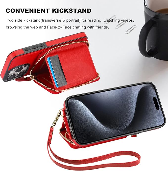Bocasal RFID Blocking Wallet Case for iPhone 15 Pro Max, Adjustable Crossbody Zipper Purse with Wrist Strap, PU Leather Flip Folio Case 6.7 Inch 5G (Red)