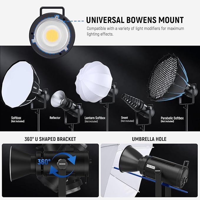 NEEWER CB300B 320W LED Video Light with 2.4G/APP Remote Control, All Metal Bi Color COB Continuous Output Lighting with Bowens Mount 150000lux/1m 2700K-6500K CRI/TLCI97+ 12 Effects for Video Recording