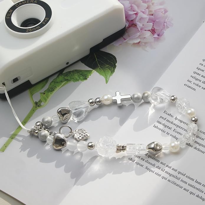 Beaded Camera Wrist Strap, Cute Phone Charms Strap, Pearl Bracelet Wrist Strap, Phone Keychain Decoration for Wallet