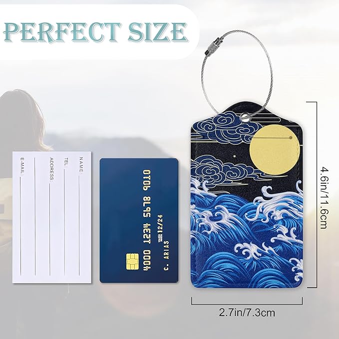 Japanese Sea Wave Moon Luggage Tag, Luggage Tags of Set 2 Leather Identifiers Privacy Cover with Stainless Steel Loop for Women Men Travel Bag Suitcase