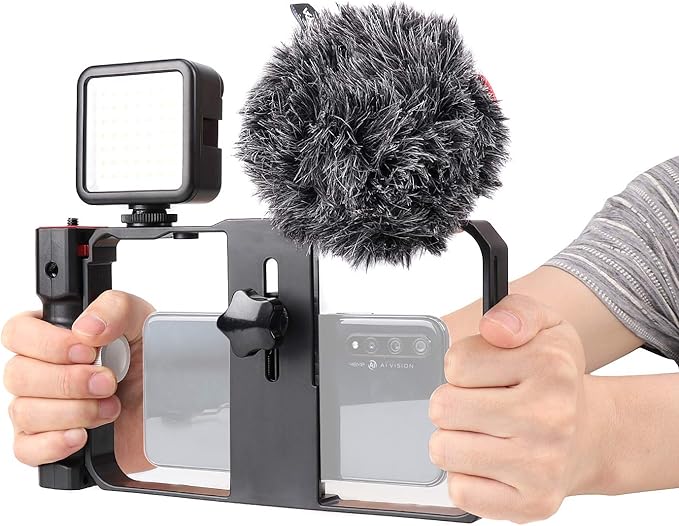FocusFoto Smartphone Video Rig Camera Cage Mount Holder Stabilizer (Removable Handle Grip Version) with by-MM1 Microphone Mic + 49 LED Light Kit for Mobile Phone iPhone Filmmaking Videomaker