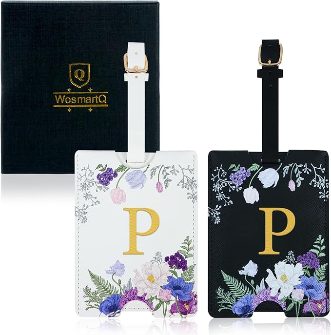 2 Pack PU Leahter Luggage Tags with PU Leather Straps, Fun Travel case Labels, Privacy-Protected ID Card Holders, Allowing for Quick Identification of Luggage and Easy locating of Your Bags (P)