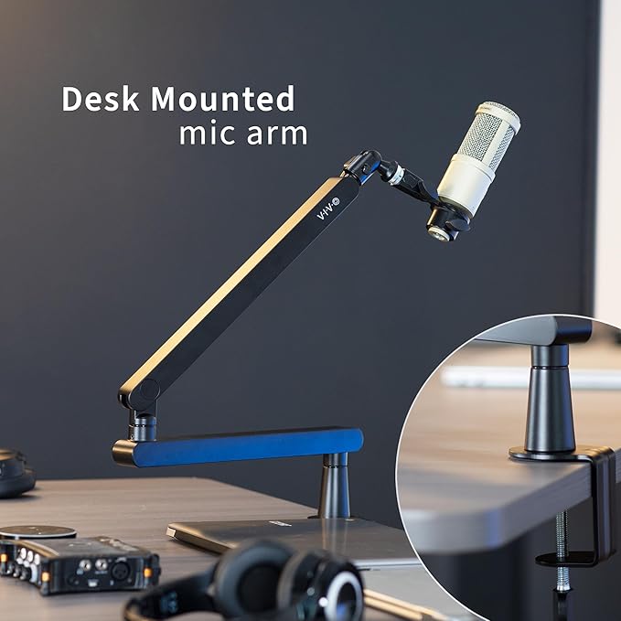 VIVO Low Profile Broadcast/Podcast Microphone Boom Arm Stand with 3/8 and 5/8 inch Screw Adapter, Heavy Duty Desk Mount, Professional Mic Stand with 360 Rotation, Black, STAND-MIC03L