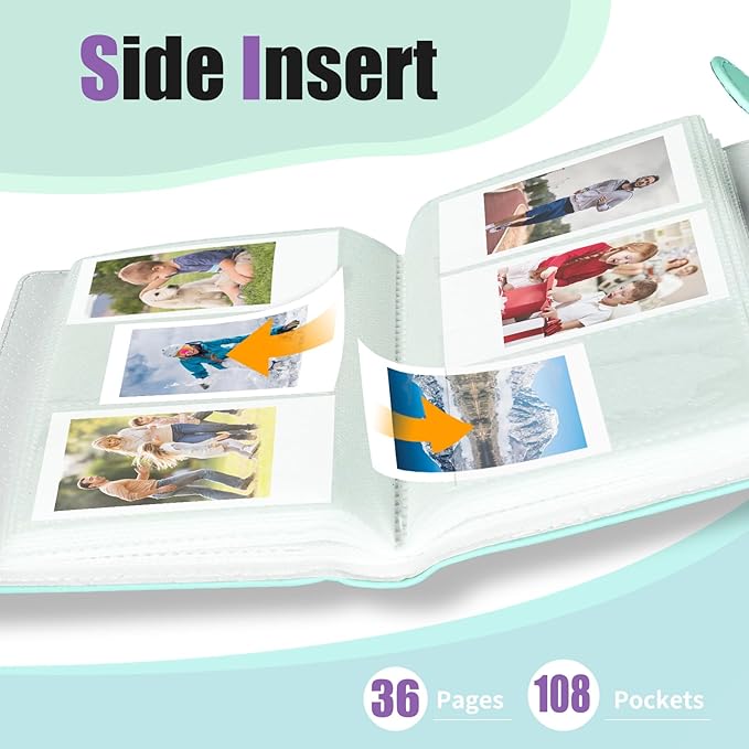 Riosin 108 Pockets Mini Album Compatible with Fujifilm Instax Mini film, Suitable for Instax Mini 12/11/7+/9/Evo/Link 2, 2x3"Photo Album for Canon ivy 2 Kpop Photocard(Mint Green)