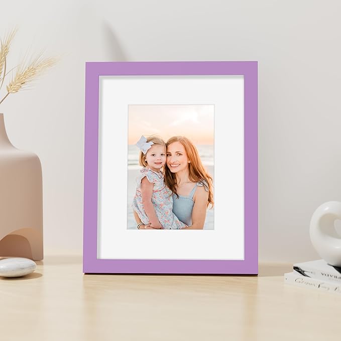 Vittanly 8x10 Picture Frame, Made of Solid Wood and Shatterproof Plexiglass, Display Pictures 5x7 with Mat or 8x10 without Mat, Wooden Photo Frame for Wall Mounting or Tabletop Display, Purple, 1 Pack