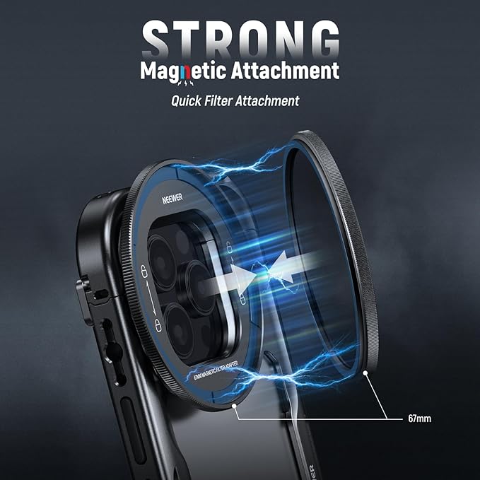 NEEWER PA074 Phone Cage Compatible with iPhone 16 Pro Max + 67mm Magnetic Black Diffusion 1/4 Filter Set for 16Pro (PA073) 16ProMax (PA074) Cage, Quick Release Video Rig Phone Stabilizer