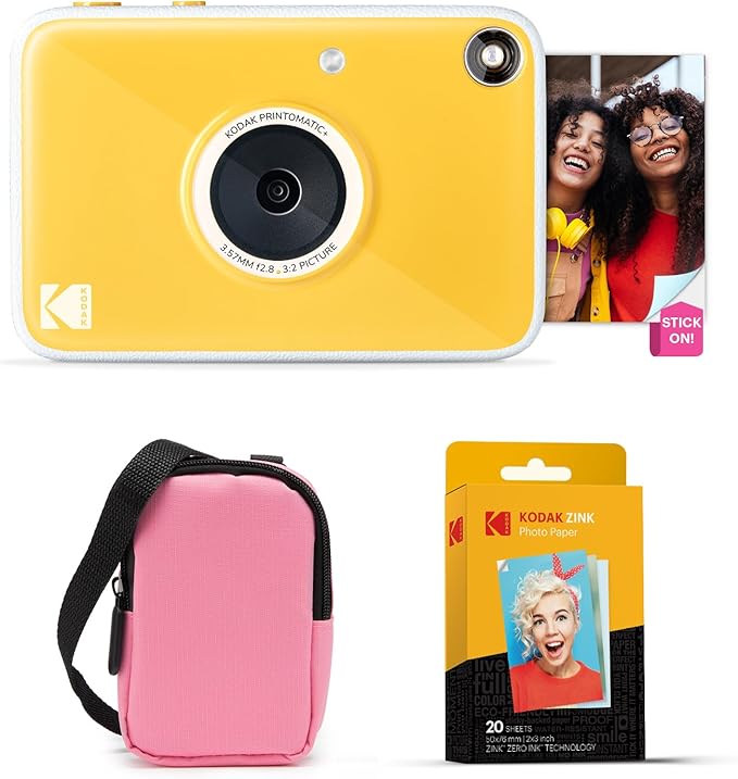 Kodak Printomatic+ Instant Print Digital Camera Starter Bundle + Carrying Case (Pink) + Zink 20pk Sticky-Back Photo Paper - 10MP, Full-Color Photos, GB LED Status Indicator - Yellow