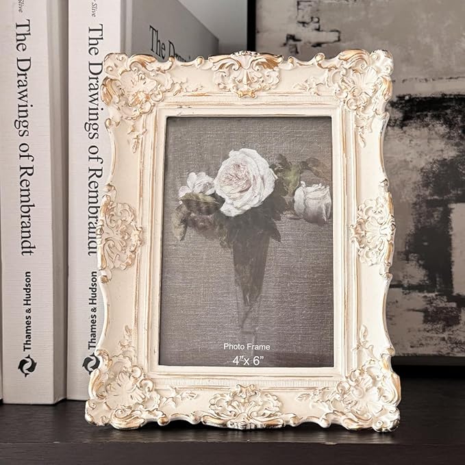 CISOO 4x6 Vintage Picture Frame, Antique Ornate White with Gold Photo Frame, for Table Top and Wall Display, Decorative Floral Design Retro Home Decor, Photo Gallery Art