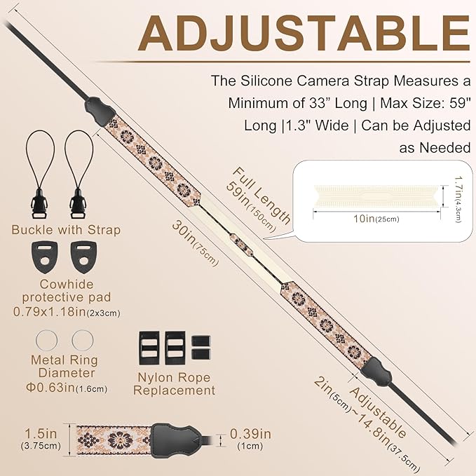 Neck Strap Silicone Camera Straps - Padded Camera Strap, 1.5" Wide Adjustable Nylon Shoulder Strap - Compatible with Canon, Nikon, Sony, and More DSLR and Mirrorless Cameras (Khaki Yellow)