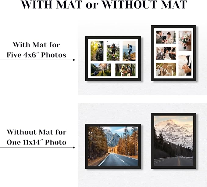 4"x6" Wood Photo Collage Frame 5 Openings, 11"x14" Multi Picture Frame Collage Wall Decor, Brushed Black Frame with White Mat, Solid Pine Wood