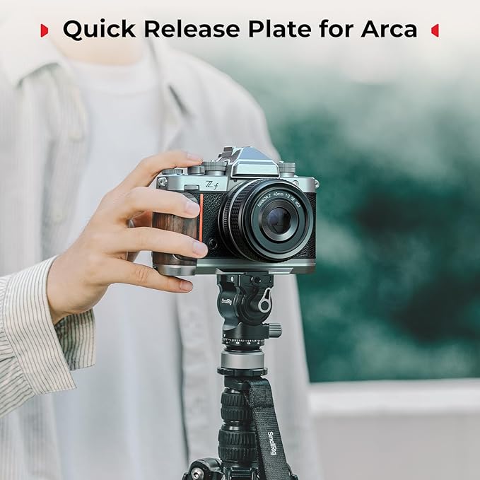 SMALLRIG Wooden L-Shape Grip for Nikon Z f Built-in Quick Release Plate for Arca and Wrist Strap Hole, Ergonomic Wooden Handgrip with 1/4"-20 Threaded Holes for Tripods (Silver) - 5707