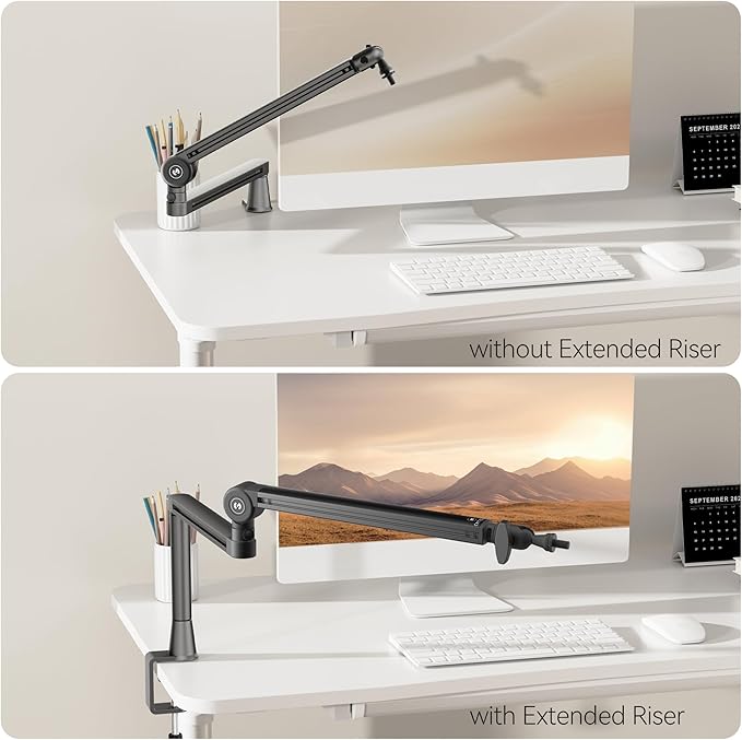CMTECK Microphone Boom Arm, Low Profile Microphone Arm Stand with Cable Management, Desk Mount Clamp, 5.91" Extended Riser, Screw Adapter, 360° Adjustable Stick for Podcast Streaming Gaming Studio