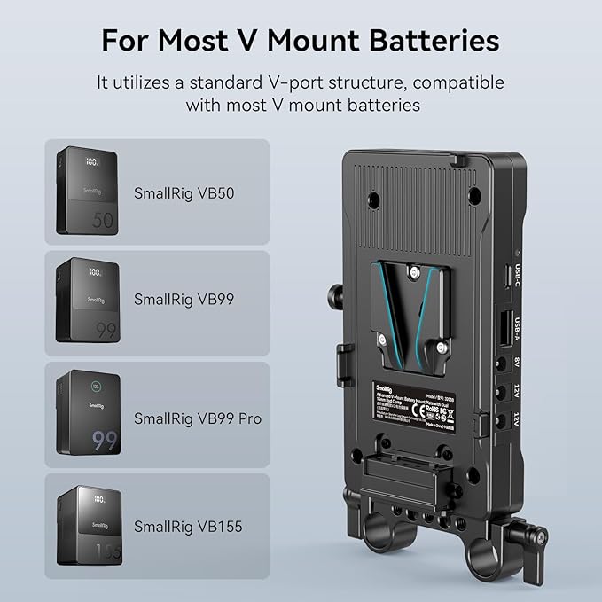 SmallRig V Mount Battery Adapter Plate with PD 65W USB-C Quick Charger, QC protocol USB-A, D-TAP, 8V & 12V DC Port, 15 mm Rod Clamp and Light Indicator, for Camera, Monitor, Transmitter, Phone - 3203B