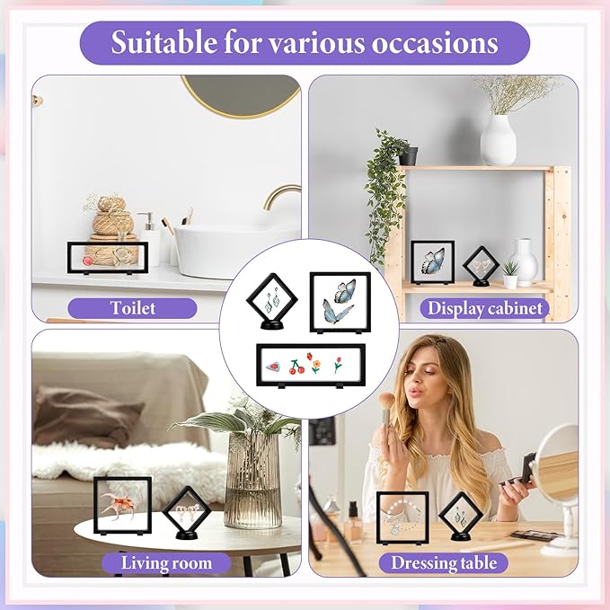 12 Pcs 3D Floating Display Case, 3 Sizes Black Challenge Coin Display Stand Rectangle Clear PE Film Jewelry Frame Holder Stands with Base for Jewelry, Specimen, Rock, Gem, Coin