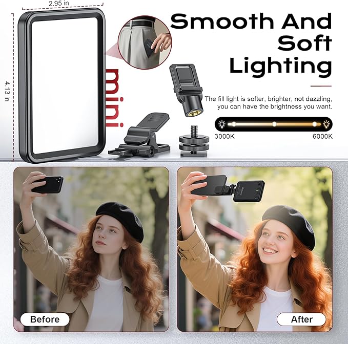 Rechargeable Soft Selfie Light for Phone, Camera, Laptop, 4-14H Battery Portable LED Light for Pictures, Phone Light Clip for Selfie, Vlog, TikTok, Makeup, Video Conference Black