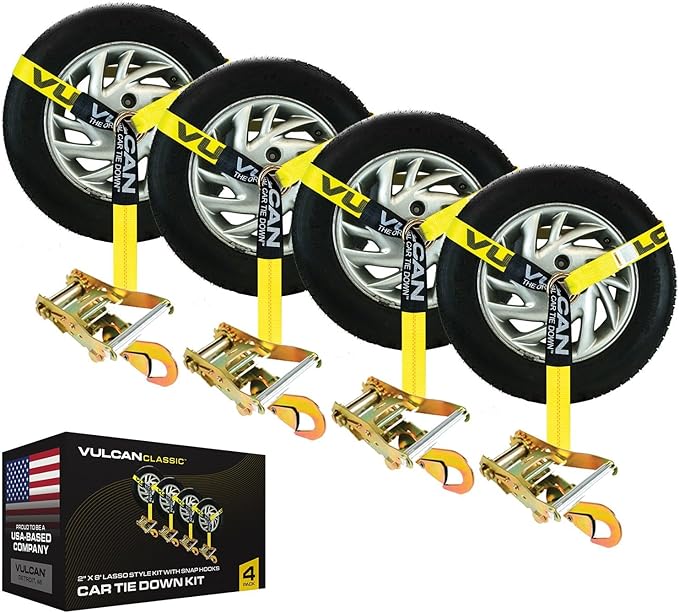 VULCAN Car Tie Down with Snap Hooks - Lasso Style - 2 Inch x 96 Inch - 4 Pack - Classic Yellow - 3,300 Pound Safe Working Load