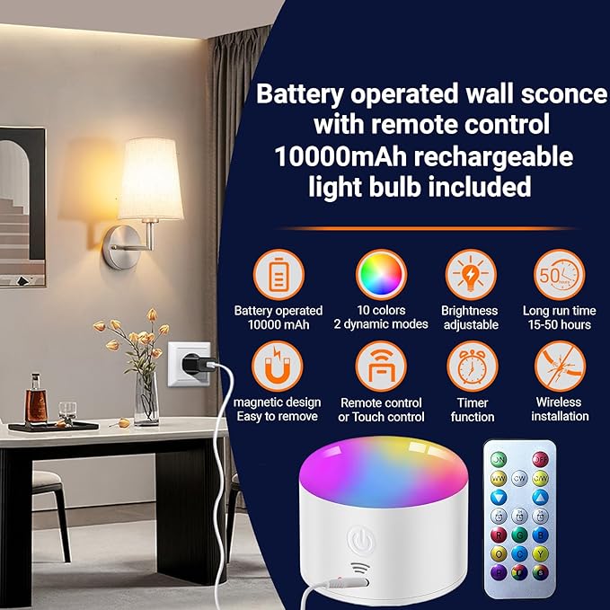 Wall Sconce Battery Operated Wall Light Fixure with Remote Control, Dimmable Battery Operated Wall Sconces Set of Two, Indoor Wireless Wall Mounted Lamp with Rechargable Bulb for Bedroom Living Room