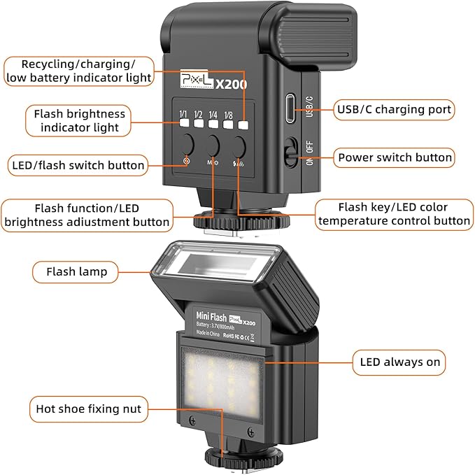 Mini Camera Flash Speedlite, GN10 6000K On-Camera Flash with Video Light, 4 Power Levels, Universal Single Contact Hot Shoe Mount, Compatible with Sony Canon Nikon Fuji Panasonic Pentax Olympus